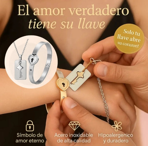 SET Collar Llave + Brazalete Corazón Candado + 🎁Caja De Regalo🎁50% OFF