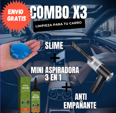 SUPER COMBO limpieza de vehículo - Aspiradora 3 en 1 + Gel limpiador SLIME + Spray Anti Empañante - OFERTA LIMITADA